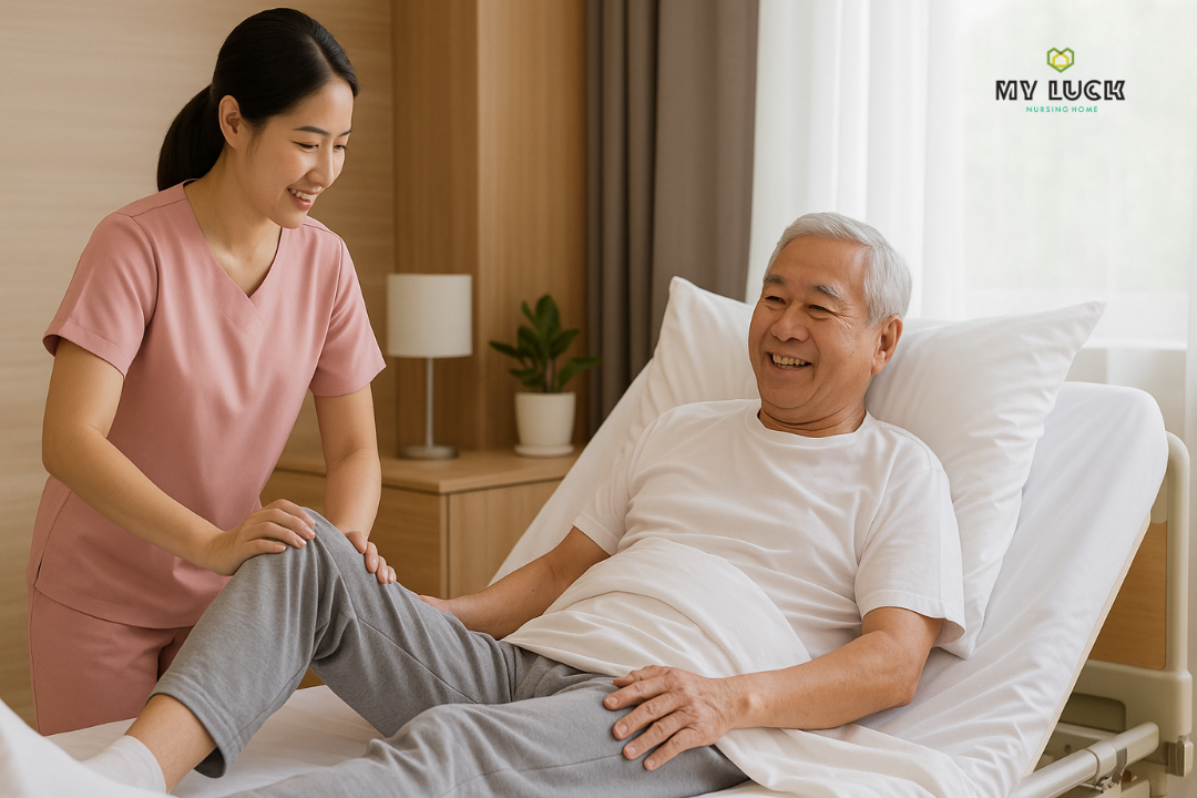 การดูแลประจำวันเพื่อป้องกันภาวะแทรกซ้อนด้วยการช่วยผู้สูงอายุติดเตียงออกกำลังกายยืดเหยียดกล้ามเนื้อ