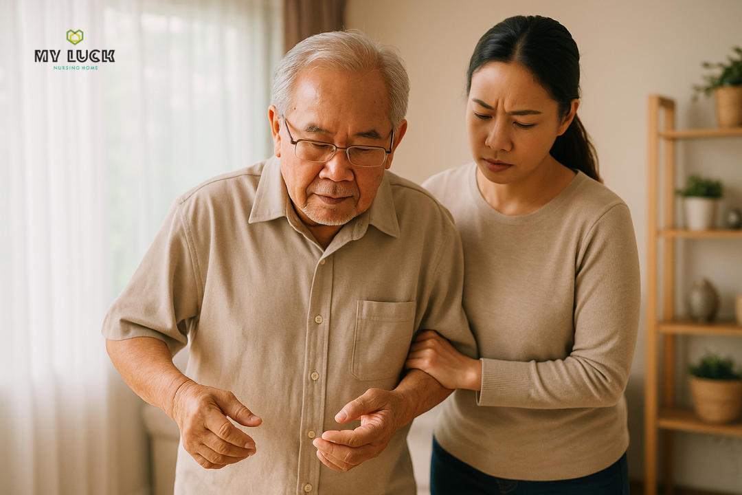 ลูกหลานคอยช่วยผู้สูงอายุเดินเพื่อป้องกันการหกล้ม