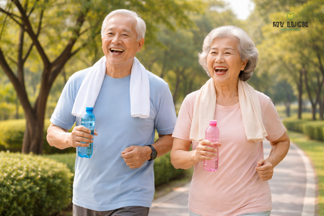 "ผู้สูงอายุสองคนกำลังเดินออกกำลังกายในสวนสาธารณะด้วยรอยยิ้มสดใส"