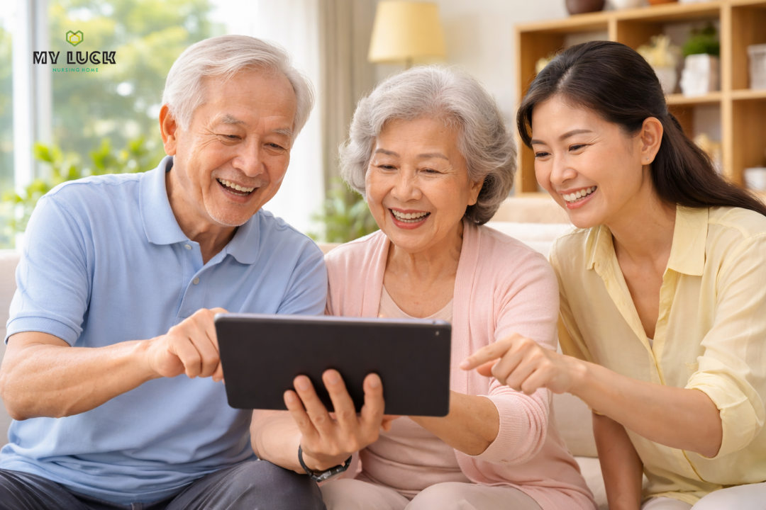 "หญิงสูงวัยกำลังยิ้มขณะใช้งานแท็บเล็ต โดยมีหลานสาวช่วยสอนการใช้งาน"