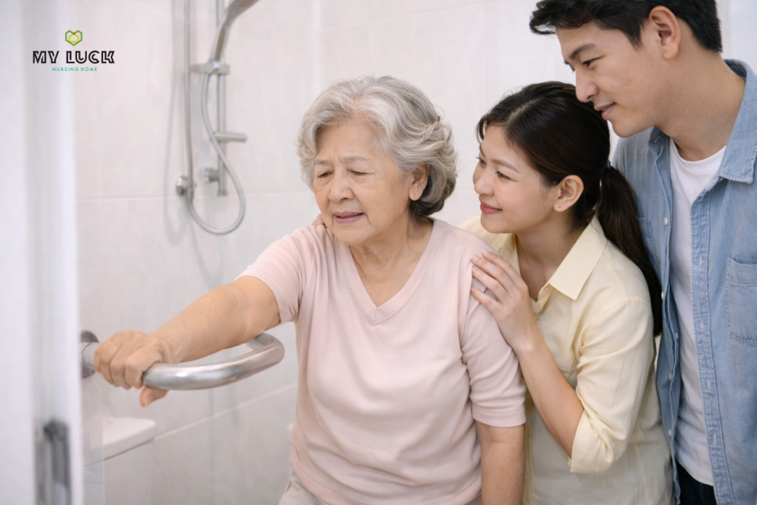 ผู้สูงอายุกำลังจับราวจับในห้องน้ำ โดยมีลูกหลานคอยพยุงเพื่อป้องกันการลื่นล้ม