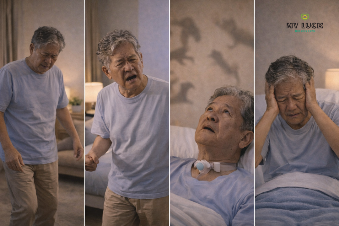 สัญญาณ sundown syndrome ในผู้สูงอายุ เช่น เดินวน นอนไม่หลับ สับสน